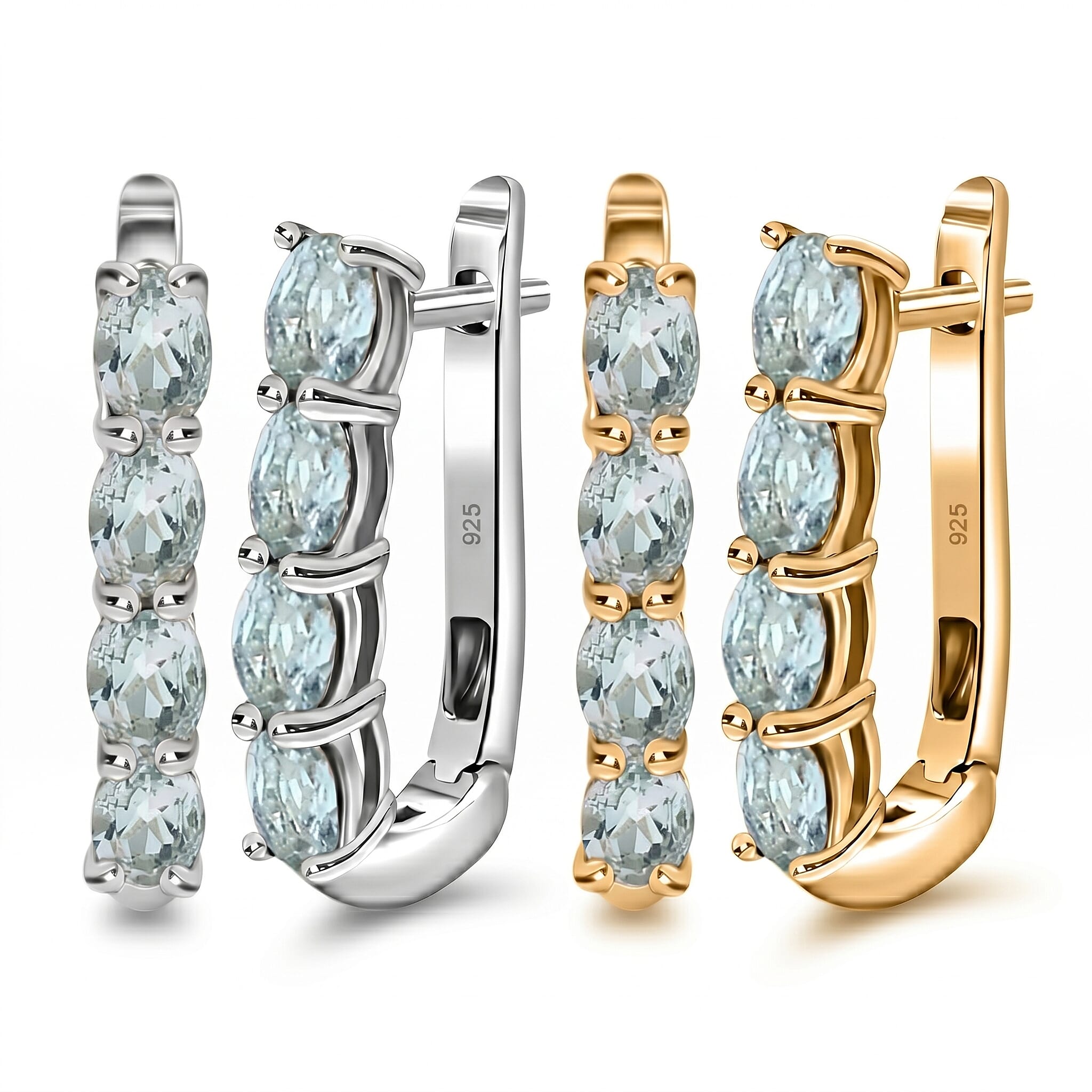 Aquamarine March Birthstone Hoop Earrings Bundle in Platinum Plated & 18K Vermeil Yellow Gold Sterling Silver