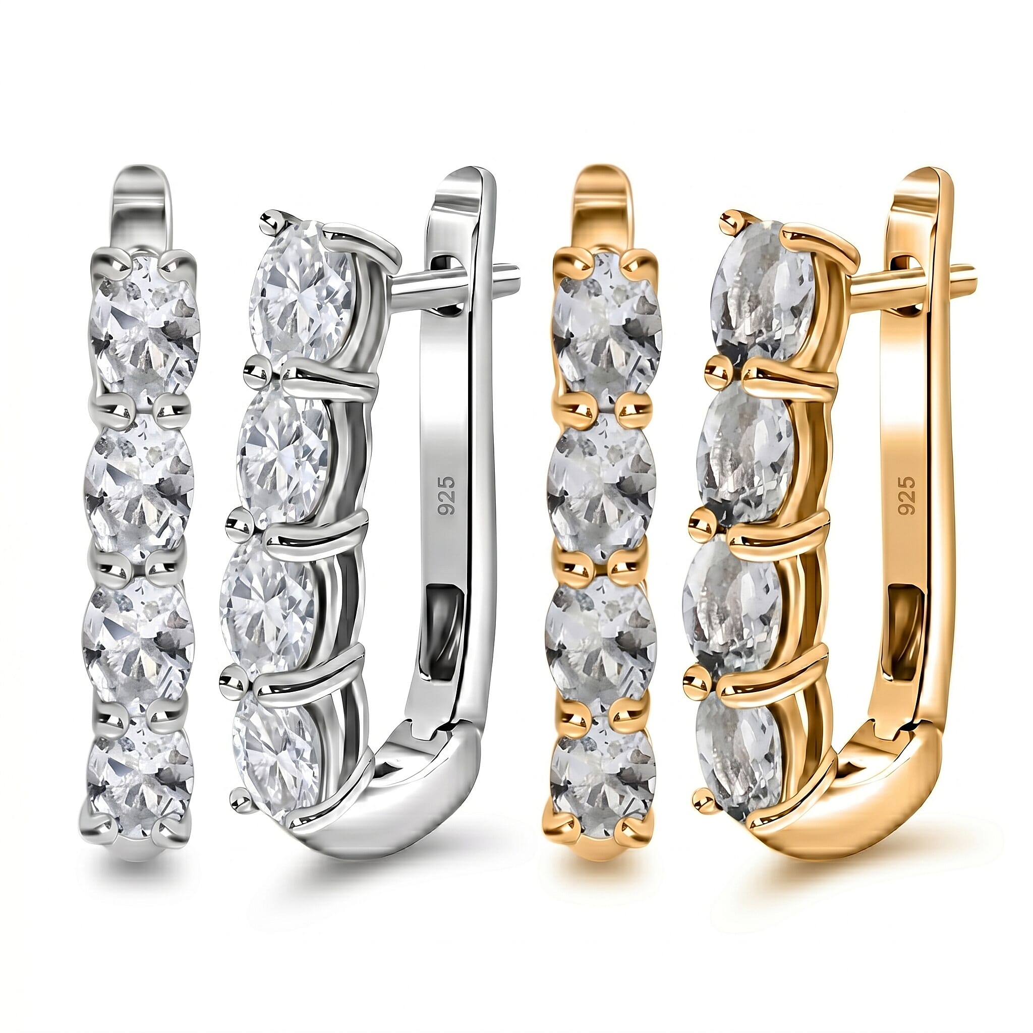 White Topaz Hoop Earrings Bundle in Platinum Plated & 18K Vermeil Yellow Gold Sterling Silver