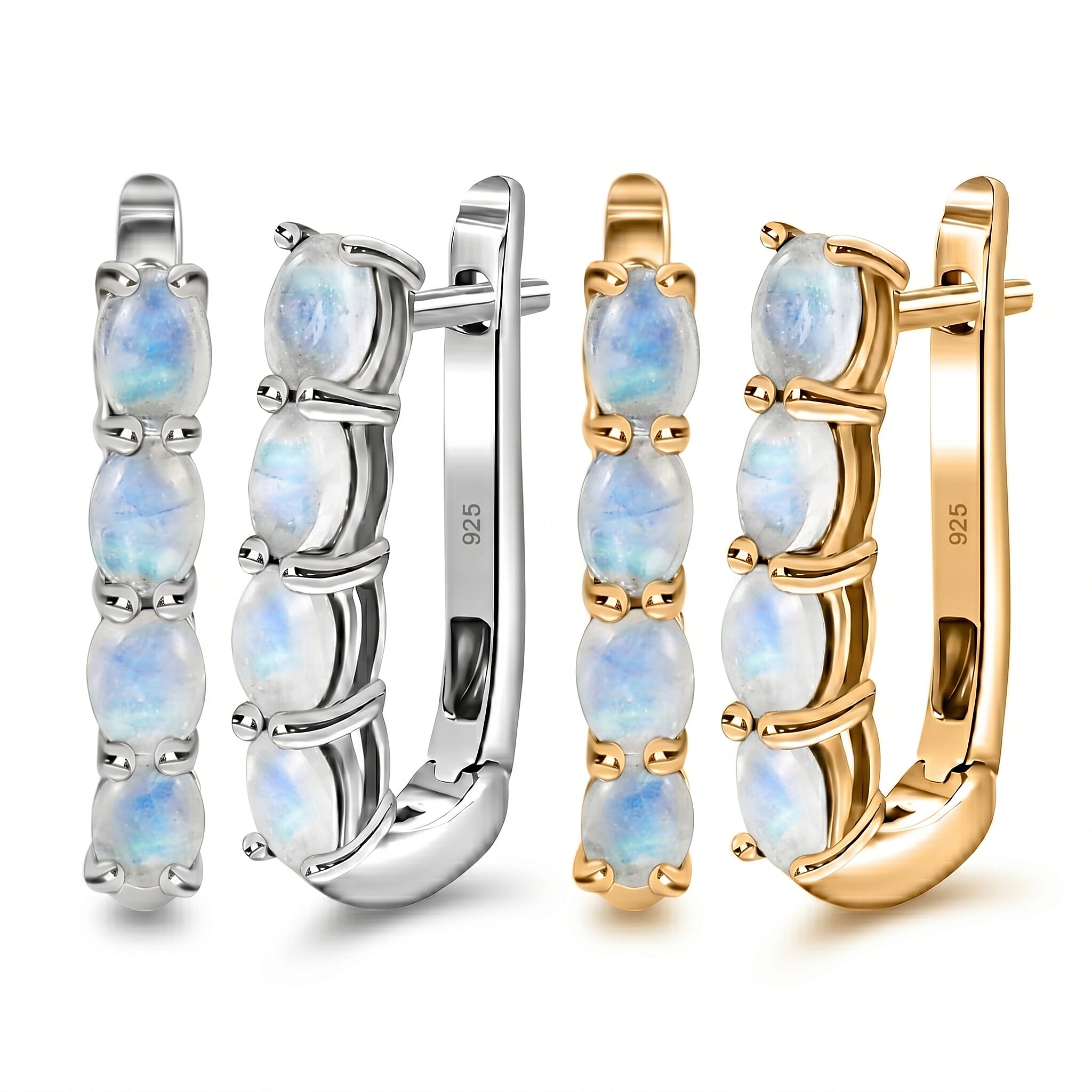 Moonstone June Birthstone Hoop Earrings Bundle in Platinum Plated & 18K Vermeil Yellow Gold Sterling Silver