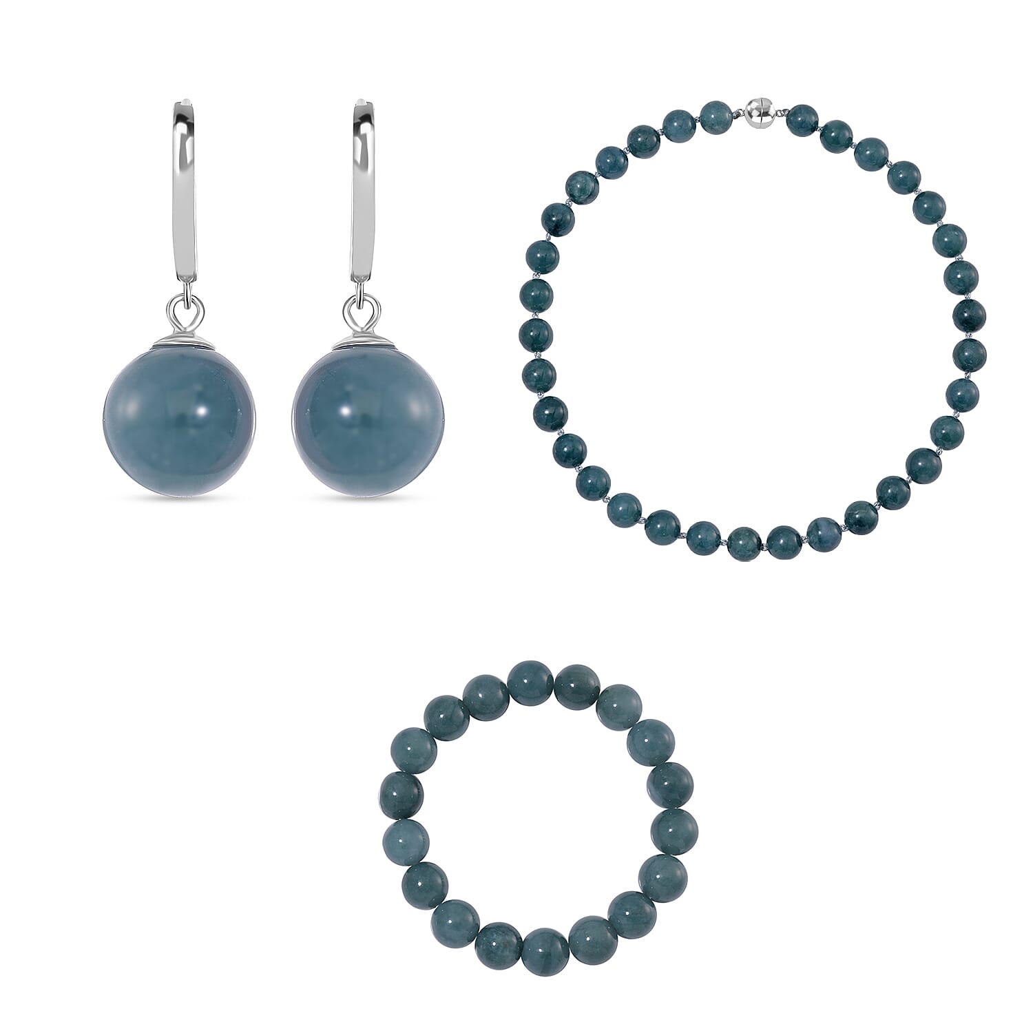 Set of 3 Natural Type A Olmec Jadeite Jade Drop Earrings, Bracelet and Necklace with Magnetic Clasp in Rhodium Overlay Sterling Silver