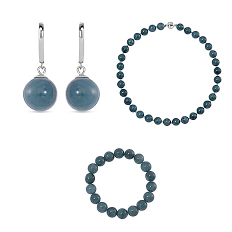 Set of 3 Natural Type A Olmec Jadeite Jade Drop Earrings, Bracelet and Necklace with Magnetic Clasp in Rhodium Overlay Sterling Silver