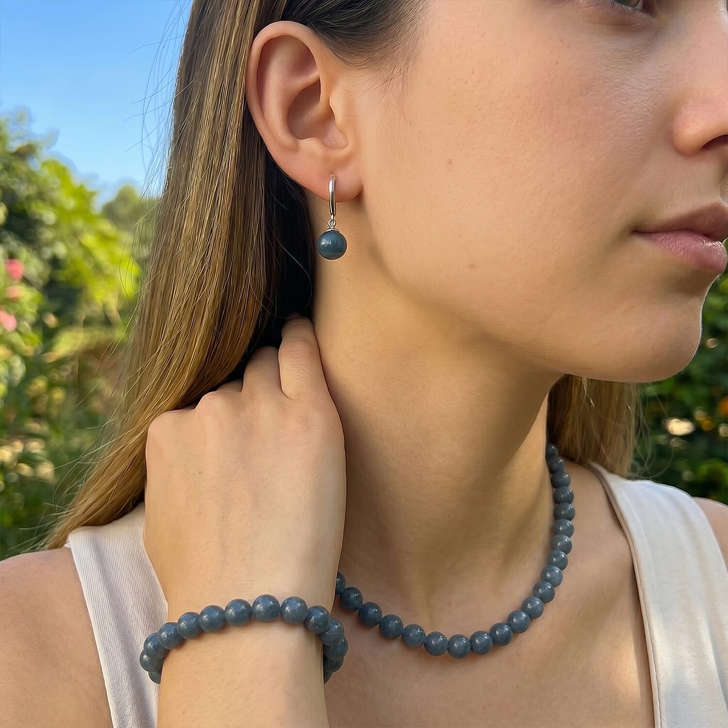 Set of 3 Natural Type A Olmec Jadeite Jade Drop Earrings, Bracelet and Necklace with Magnetic Clasp in Rhodium Overlay Sterling Silver