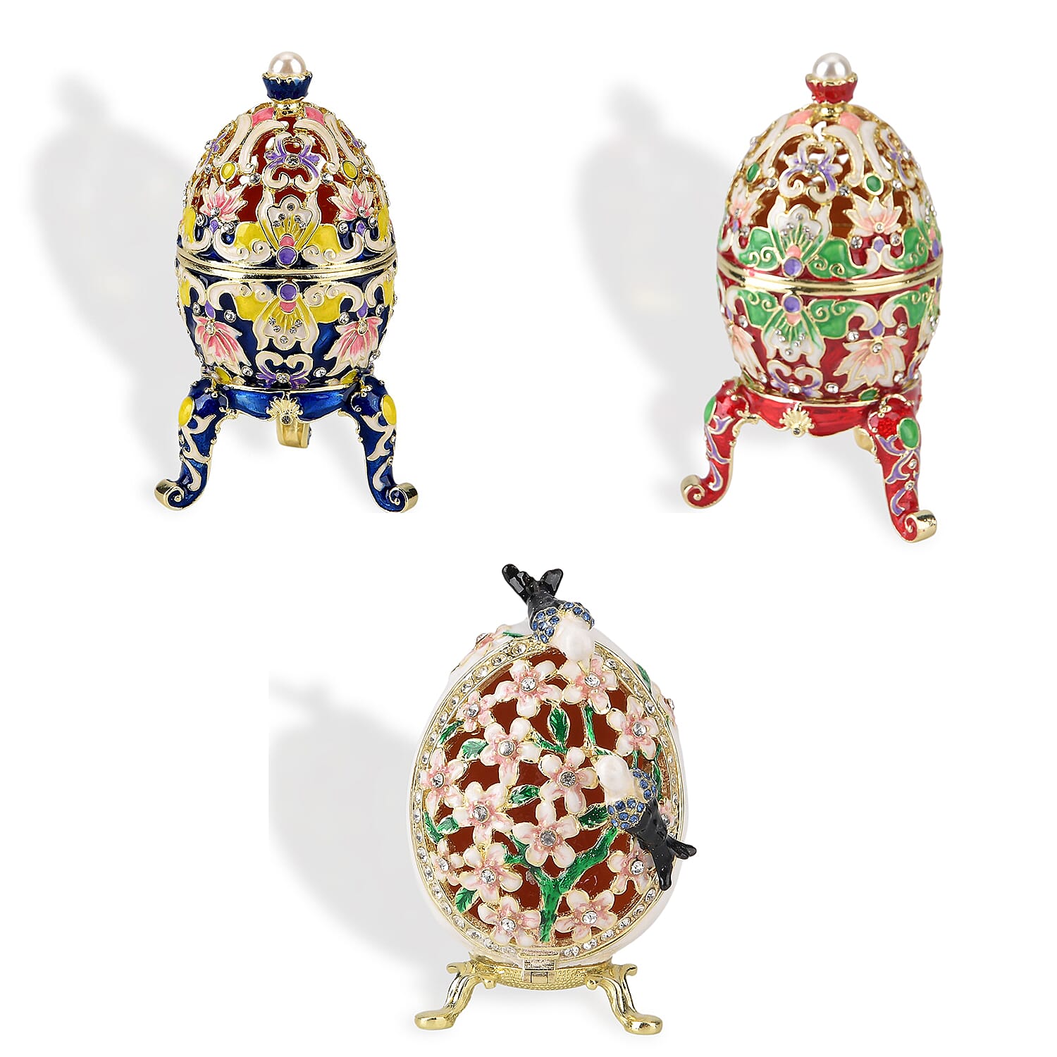 Set of 3 Floral & Crystal Enamelled Faberge-Style Egg Trinket Box (Blue, Red & White) (12x7cm)