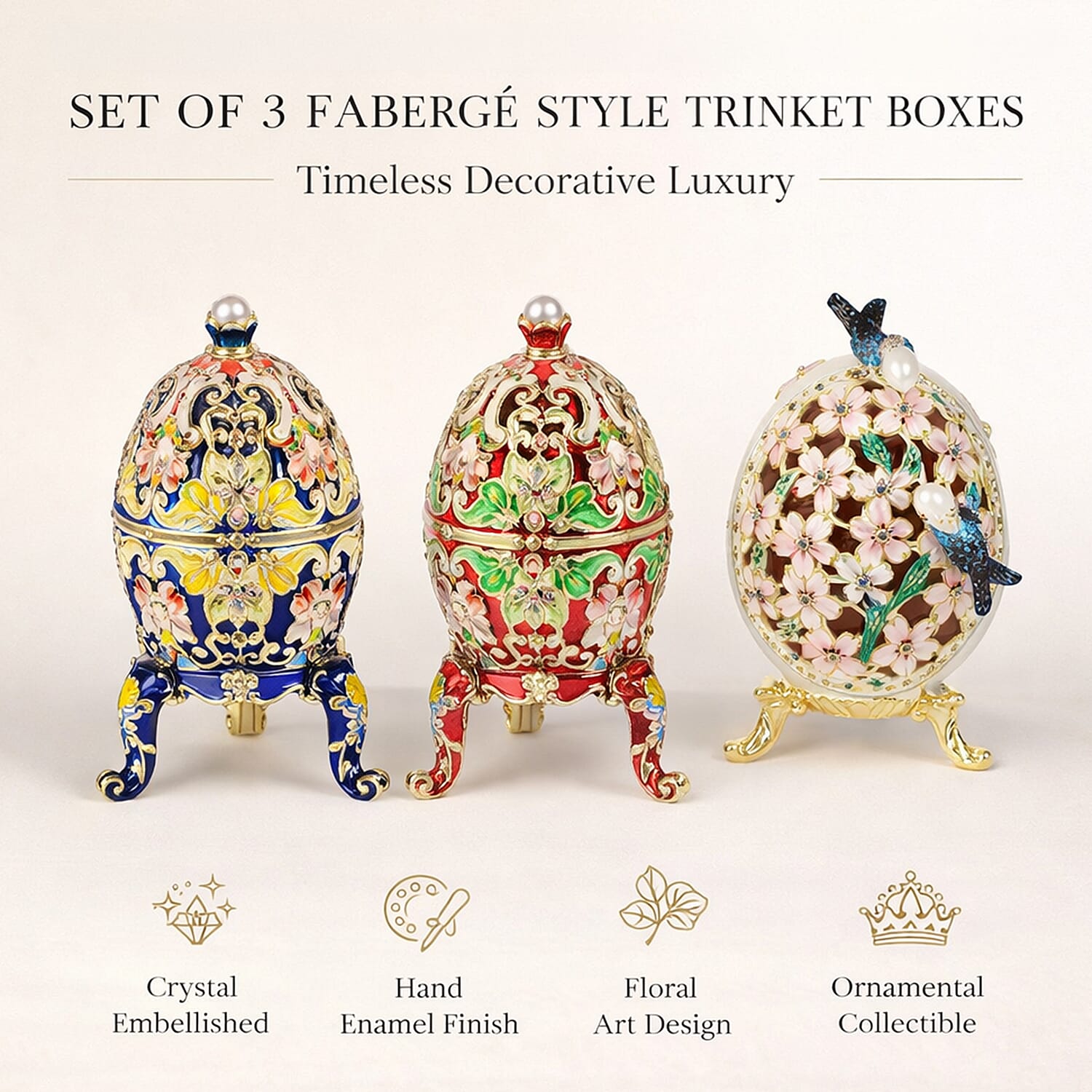 Set of 3 Floral & Crystal Enamelled Faberge-Style Egg Trinket Box (Blue, Red & White) (12x7cm)