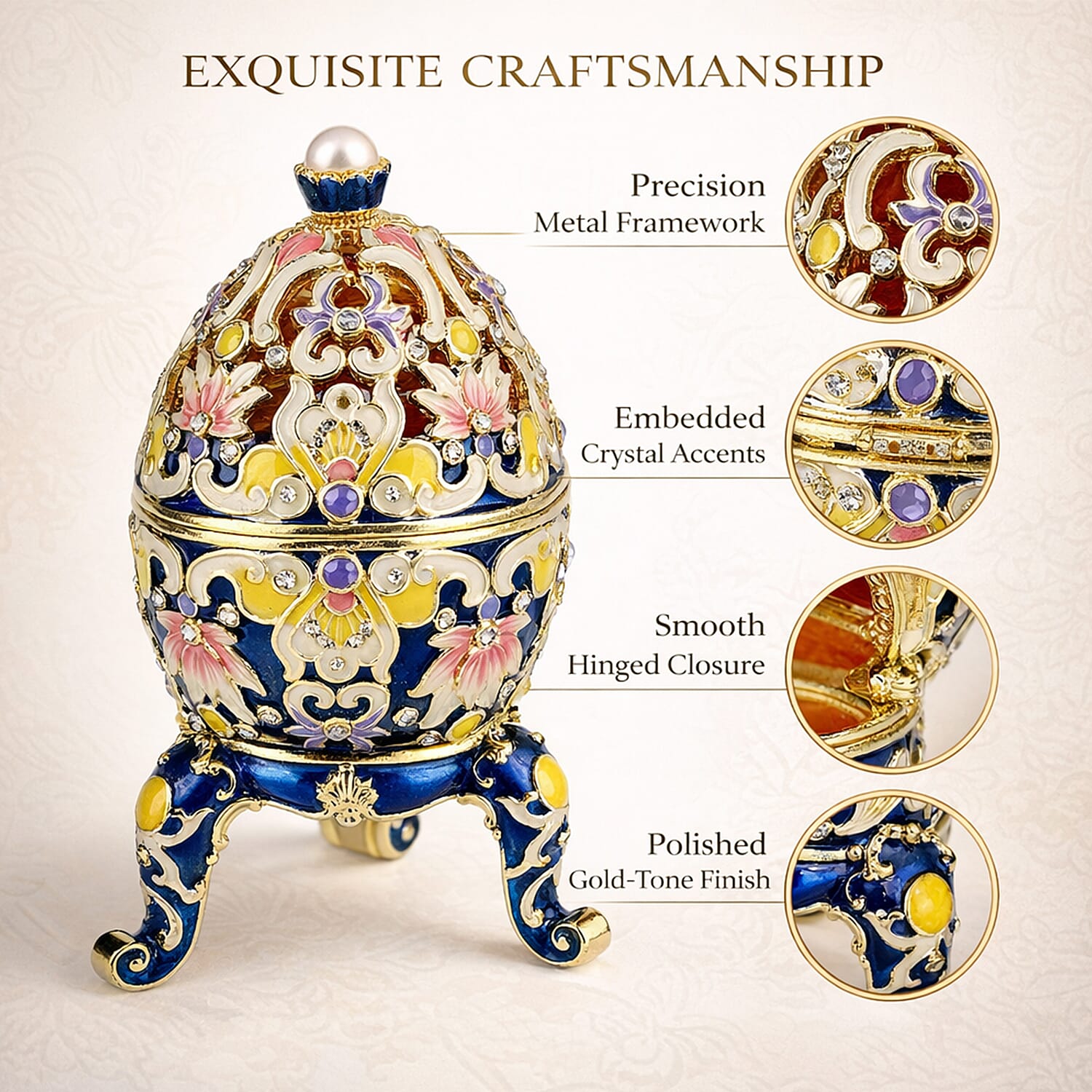 Set of 3 Floral & Crystal Enamelled Faberge-Style Egg Trinket Box (Blue, Red & White) (12x7cm)