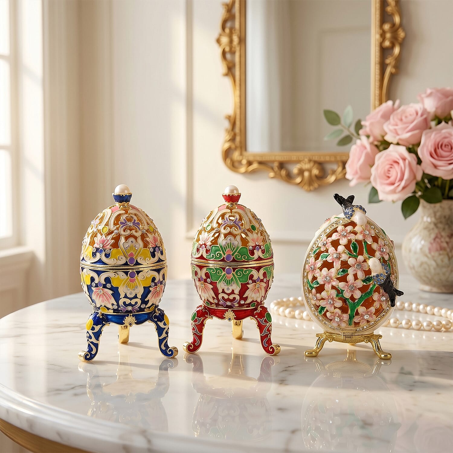 Set of 3 Floral & Crystal Enamelled Faberge-Style Egg Trinket Box (Blue, Red & White) (12x7cm)