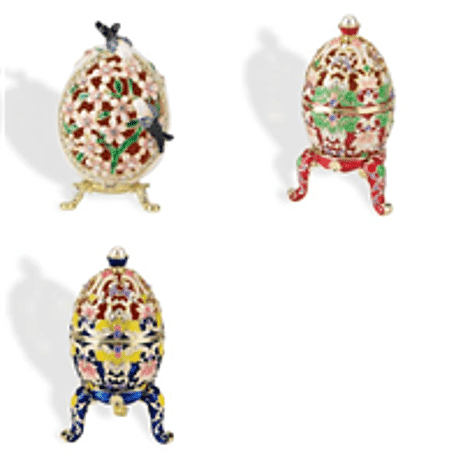 Set of 3 Floral & Crystal Enamelled Faberge-Style Egg Trinket Box (Blue, Red & White) (12x7cm)