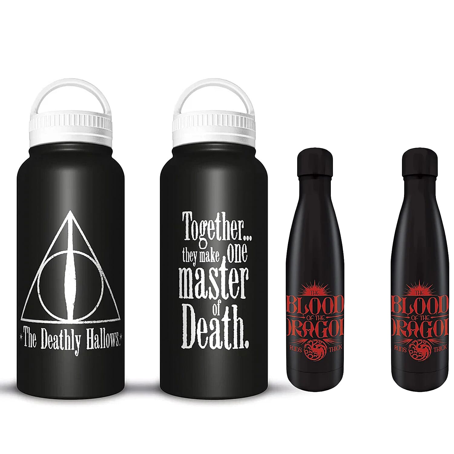 Set of 2 Fantasy-Themed Metal Water Bottles &ndash; Blood Of The Dragon & Deathly Hallows Designs