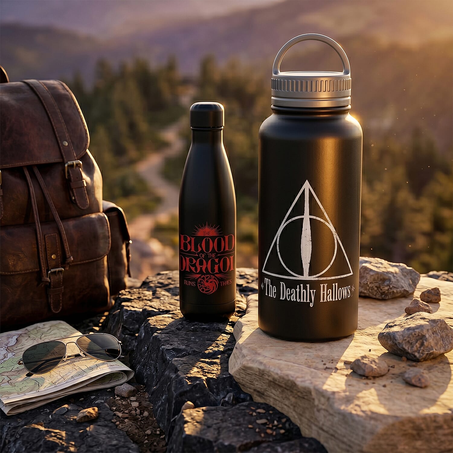 Set of 2 Fantasy-Themed Metal Water Bottles &ndash; Blood Of The Dragon & Deathly Hallows Designs