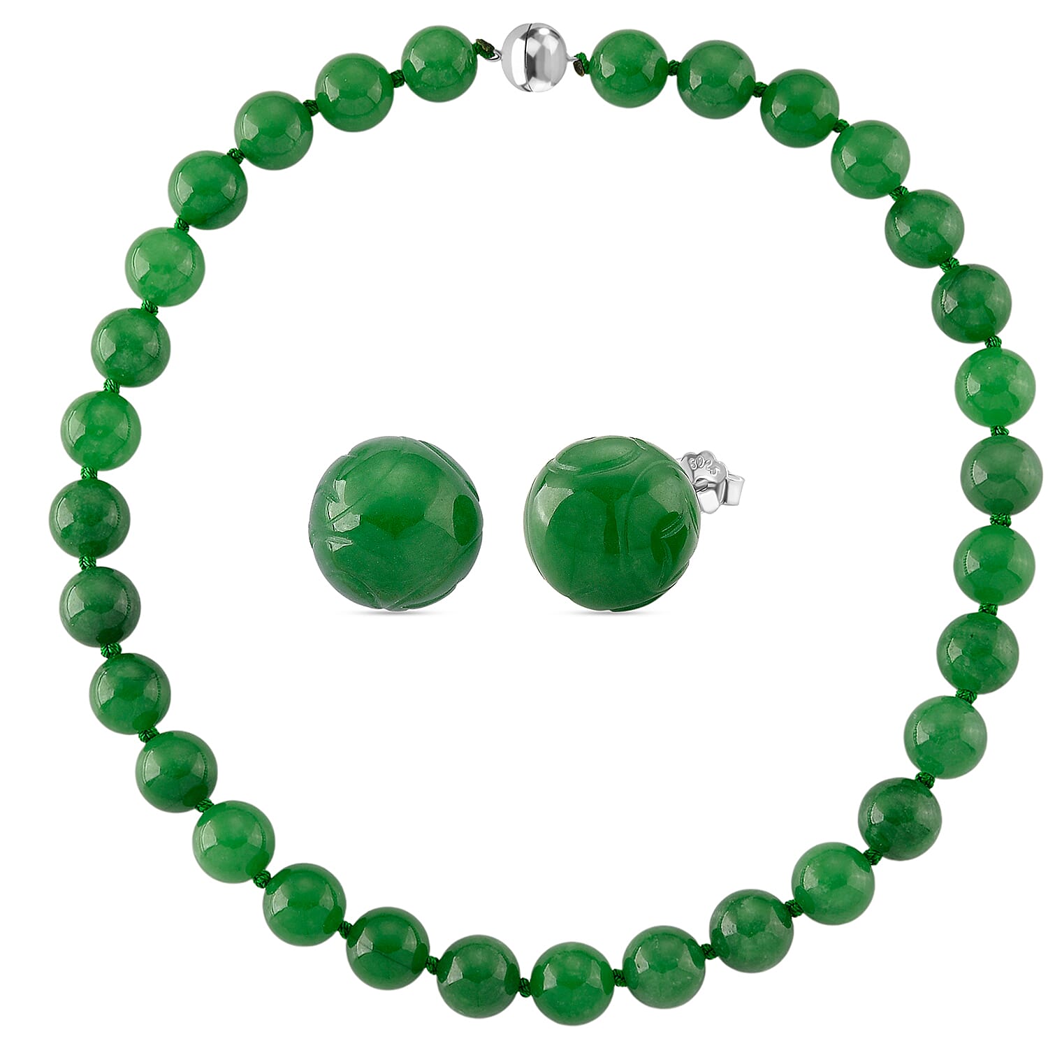 Set of 3 D'Joy Enhanced Green Jade Beads Stud Earring, Hoop Earring and Hand Knotted Beads Necklace (Size - 20) with Magnetic Clasp in Rhodium Overlay Sterling Silver