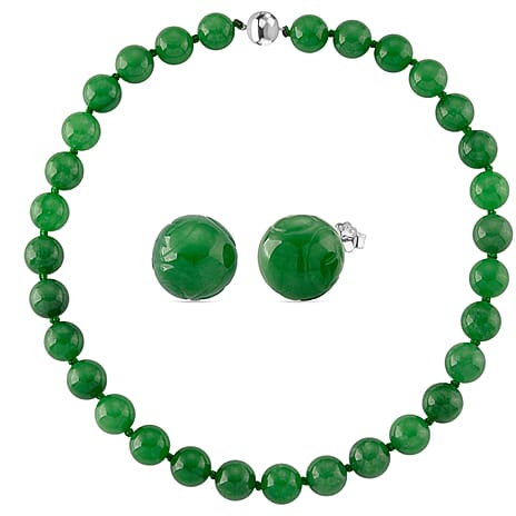 Set of 3 D'Joy Enhanced Green Jade Beads Stud Earring, Hoop Earring and Hand Knotted Beads Necklace (Size - 20) with Magnetic Clasp in Rhodium Overlay Sterling Silver
