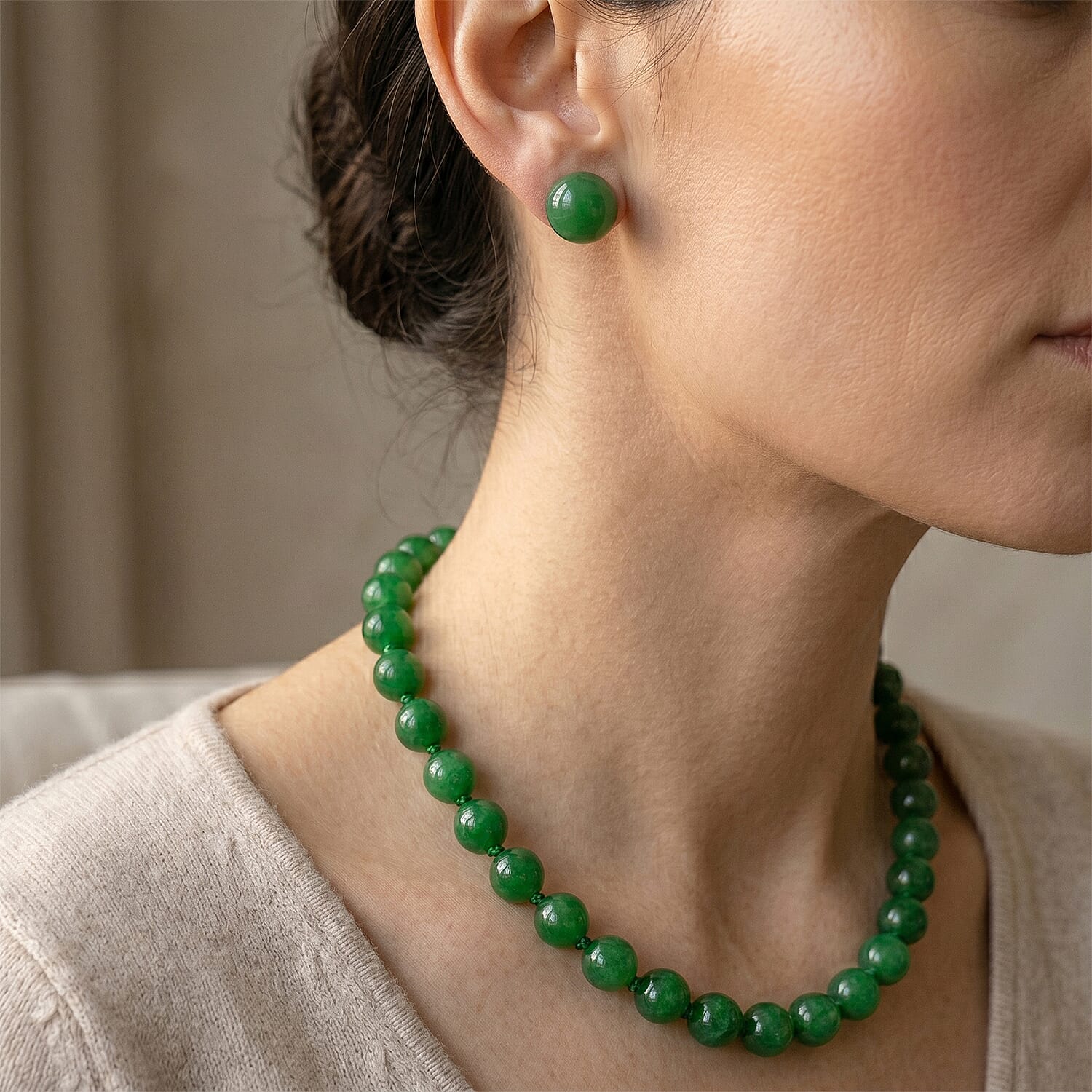 Set of 3 D'Joy Enhanced Green Jade Beads Stud Earring, Hoop Earring and Hand Knotted Beads Necklace (Size - 20) with Magnetic Clasp in Rhodium Overlay Sterling Silver