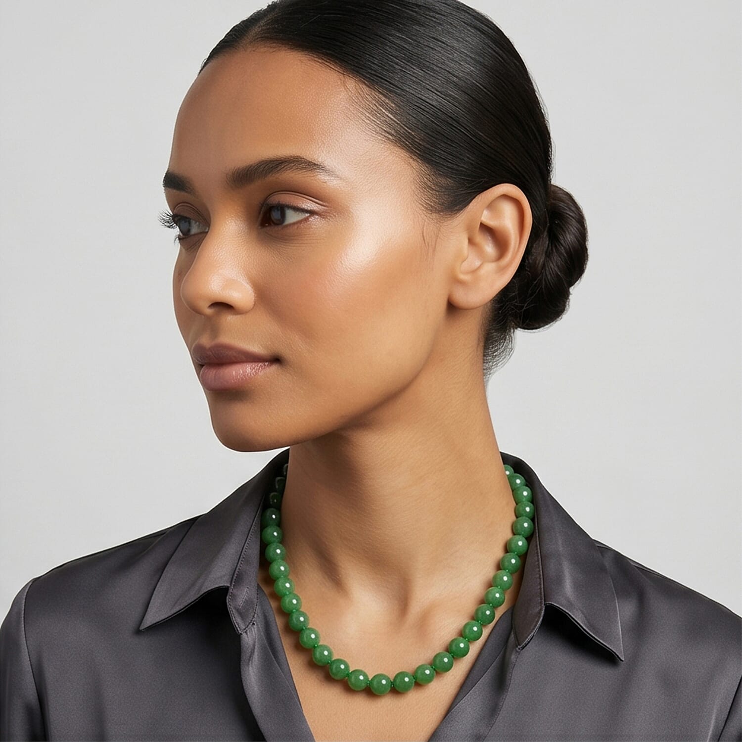Set of 3 D'Joy Enhanced Green Jade Beads Stud Earring, Hoop Earring and Hand Knotted Beads Necklace (Size - 20) with Magnetic Clasp in Rhodium Overlay Sterling Silver