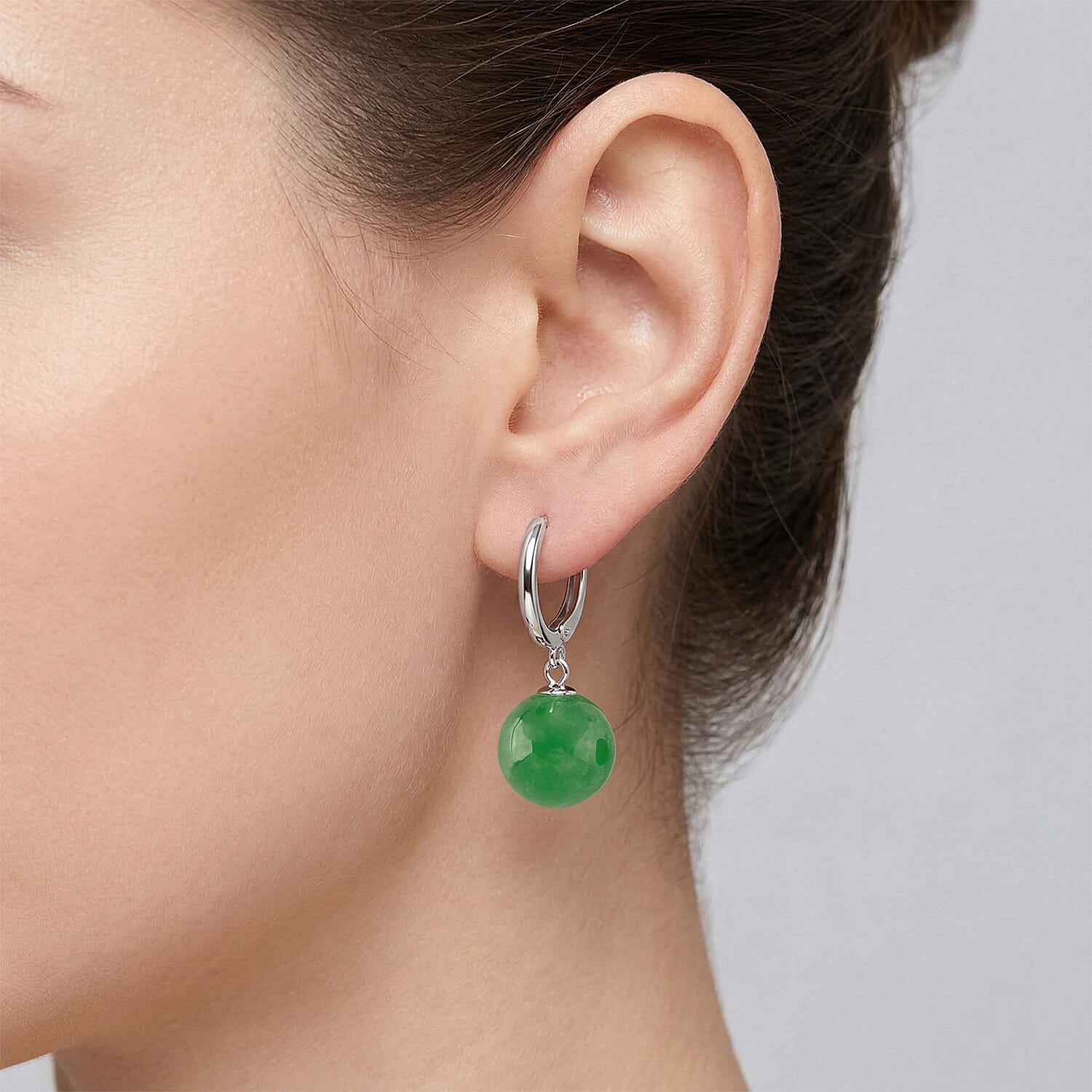 Set of 3 D'Joy Enhanced Green Jade Beads Stud Earring, Hoop Earring and Hand Knotted Beads Necklace (Size - 20) with Magnetic Clasp in Rhodium Overlay Sterling Silver