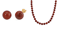 Set of 2 Enhanced Red Jade Bead Stud Earring and Necklace (Size 20) with Magnetic Clasp in Yellow Gold Plated Sterling Silver