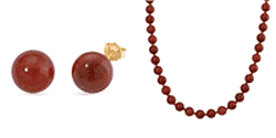 Set of 2 Enhanced Red Jade Bead Stud Earring and Necklace (Size 20) with Magnetic Clasp in Yellow Gold Plated Sterling Silver