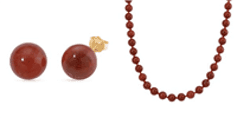 Set of 2 Enhanced Red Jade Bead Stud Earring and Necklace (Size 20) with Magnetic Clasp in Yellow Gold Plated Sterling Silver