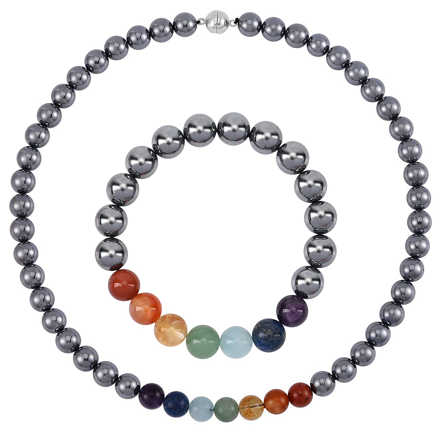 Set of 2 Terahertz & Multi Gemstone Beaded Jewellery Set (Necklace 350 Ct. & Bracelet 140 Ct.) in Rhodium Overlay Sterling Silver