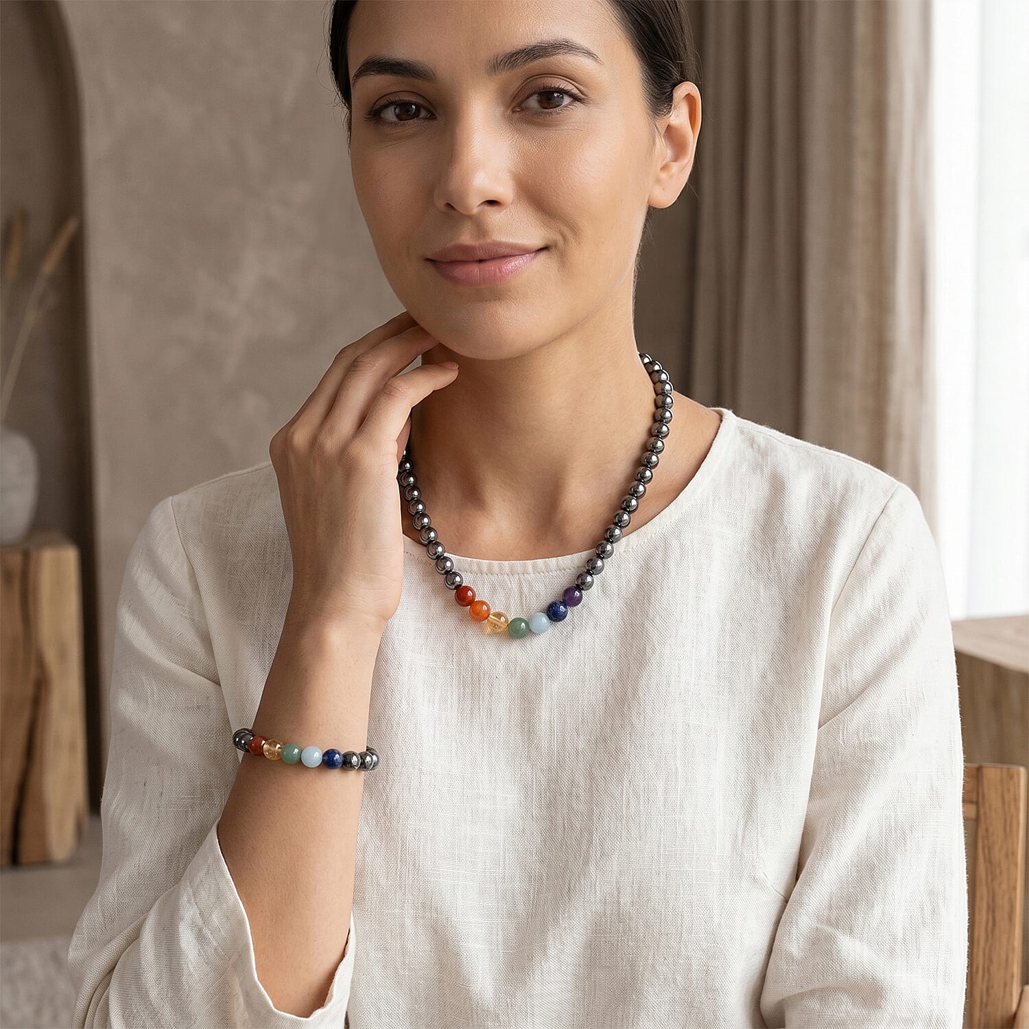 Set of 2 Terahertz & Multi Gemstone Beaded Jewellery Set (Necklace 350 Ct. & Bracelet 140 Ct.) in Rhodium Overlay Sterling Silver