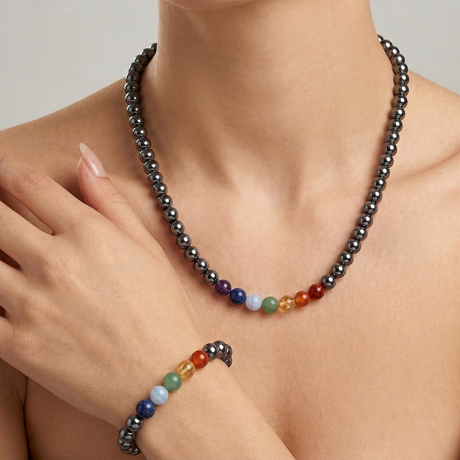 Set of 2 Terahertz & Multi Gemstone Beaded Jewellery Set (Necklace 350 Ct. & Bracelet 140 Ct.) in Rhodium Overlay Sterling Silver