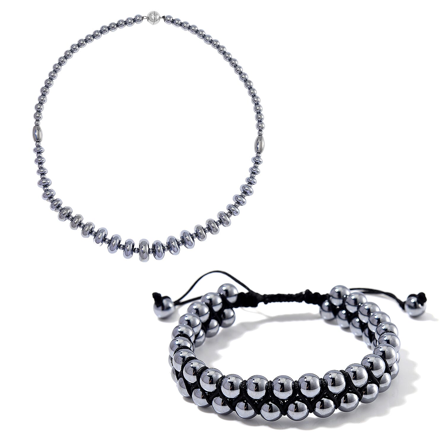 Set of 2 Terahertz Beaded Jewellery Set (Necklace 240 Ct. & Adjustable Bracelet 90 Ct.) in Silver Tone
