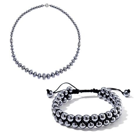 Set of 2 Terahertz Beaded Jewellery Set (Necklace 240 Ct. & Adjustable Bracelet 90 Ct.) in Silver Tone