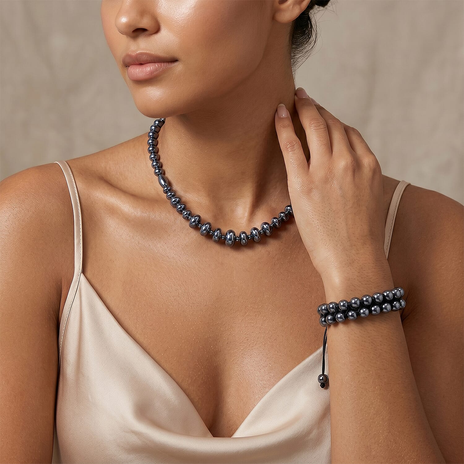 Set of 2 Terahertz Beaded Jewellery Set (Necklace 240 Ct. & Adjustable Bracelet 90 Ct.) in Silver Tone