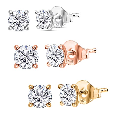 Set of 3 Moissanite Solitaire Stud Earrings in 18K Rose Gold, Platinum & Yellow Gold Plated Sterling Silver