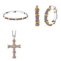 Set of 3- Pink Cubic Zirconia Criss Cross Bangle (Size 7.5), Pendant And Earrings