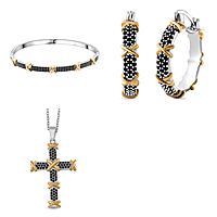 Set of 3- Black Cubic Zirconia Criss Cross Bangle (Size 7.5), Pendant And Earrings