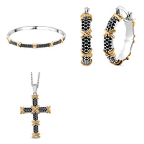 Set of 3- Black Cubic Zirconia Criss Cross Bangle (Size 7.5), Pendant And Earrings