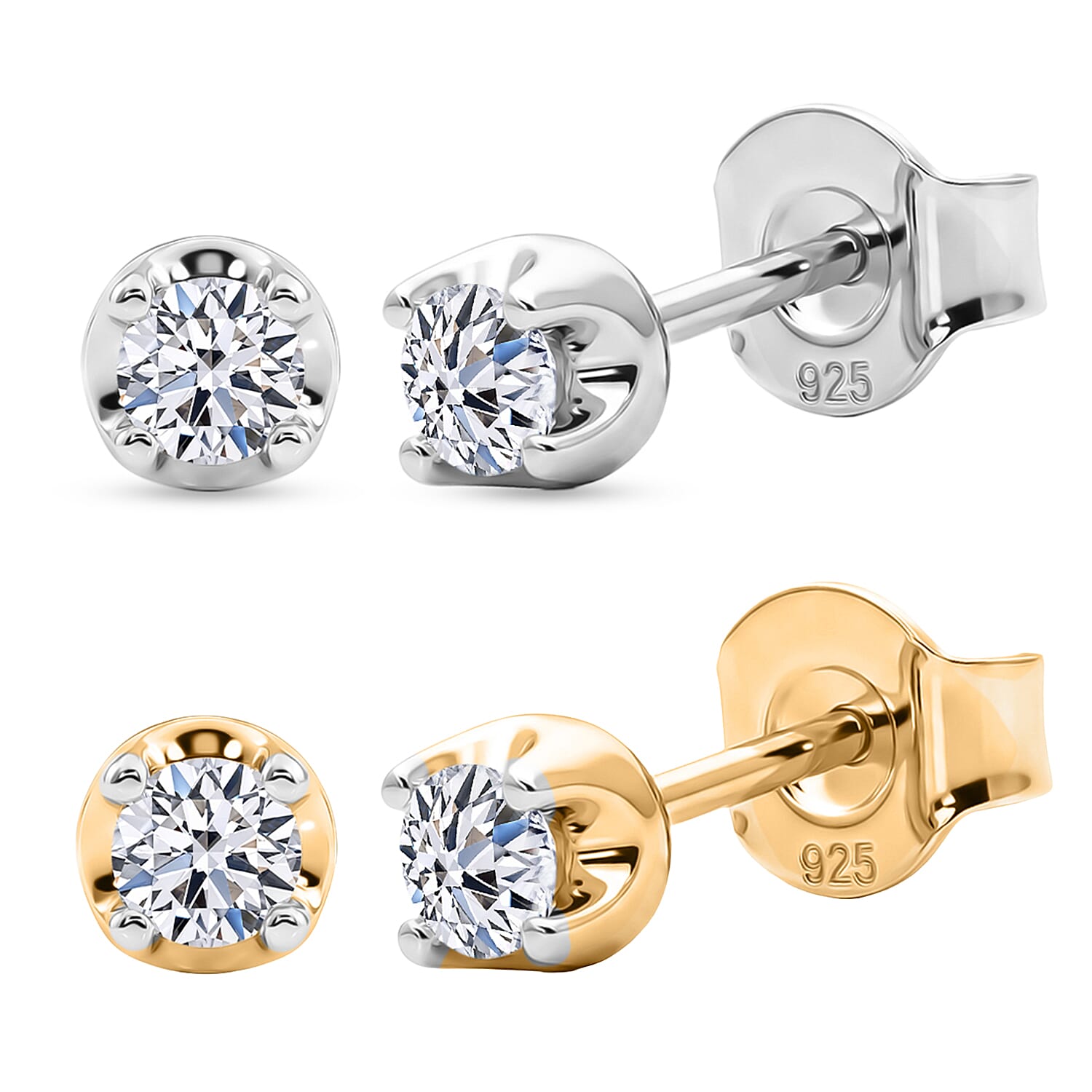 Set of 2 LUXURIANT Lab Grown Diamond Solitaire Stud Earrings &ndash; Rhodium & 18K Yellow Gold Vermeil, 0.21 Ct Each