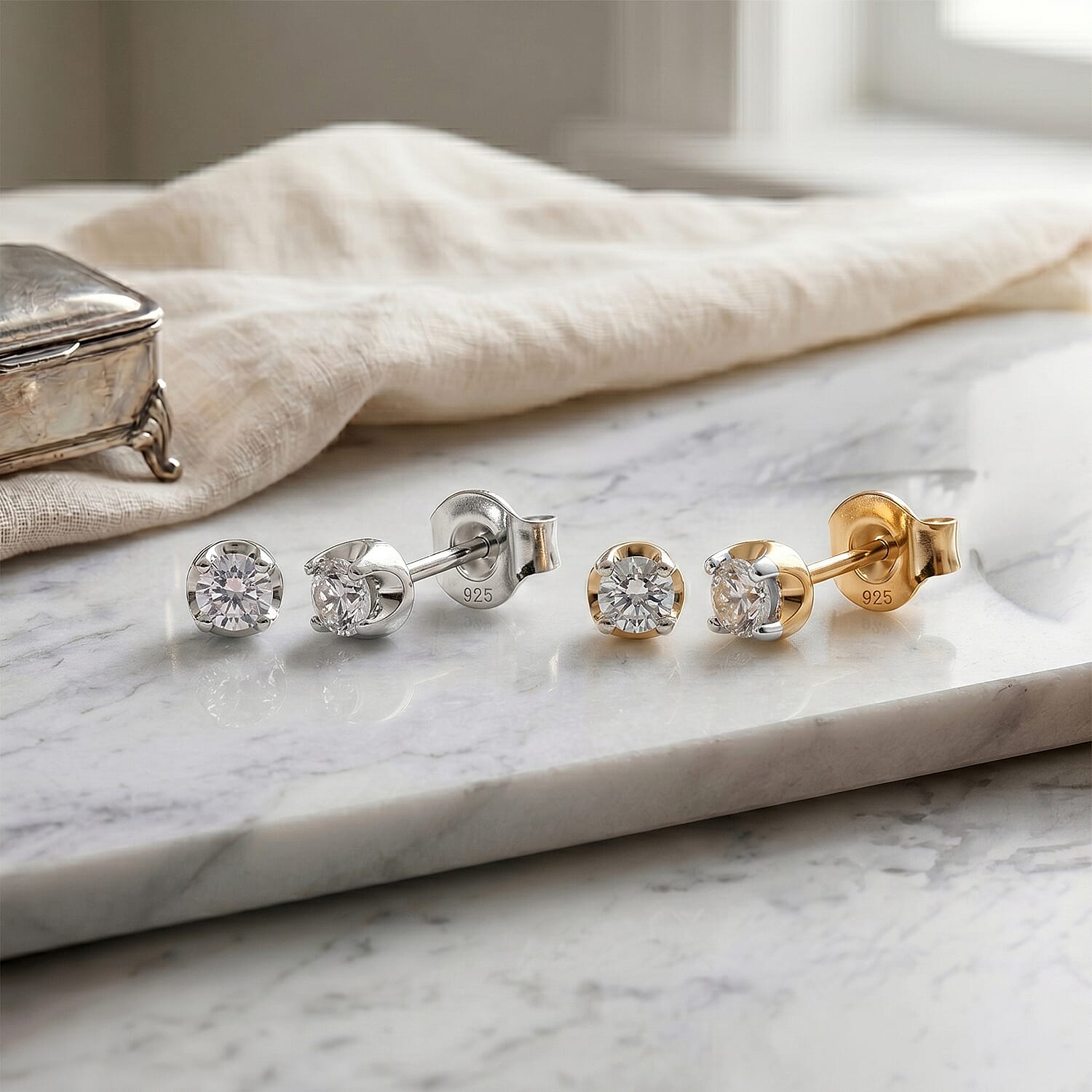 Set of 2 LUXURIANT Lab Grown Diamond Solitaire Stud Earrings &ndash; Rhodium & 18K Yellow Gold Vermeil, 0.21 Ct Each