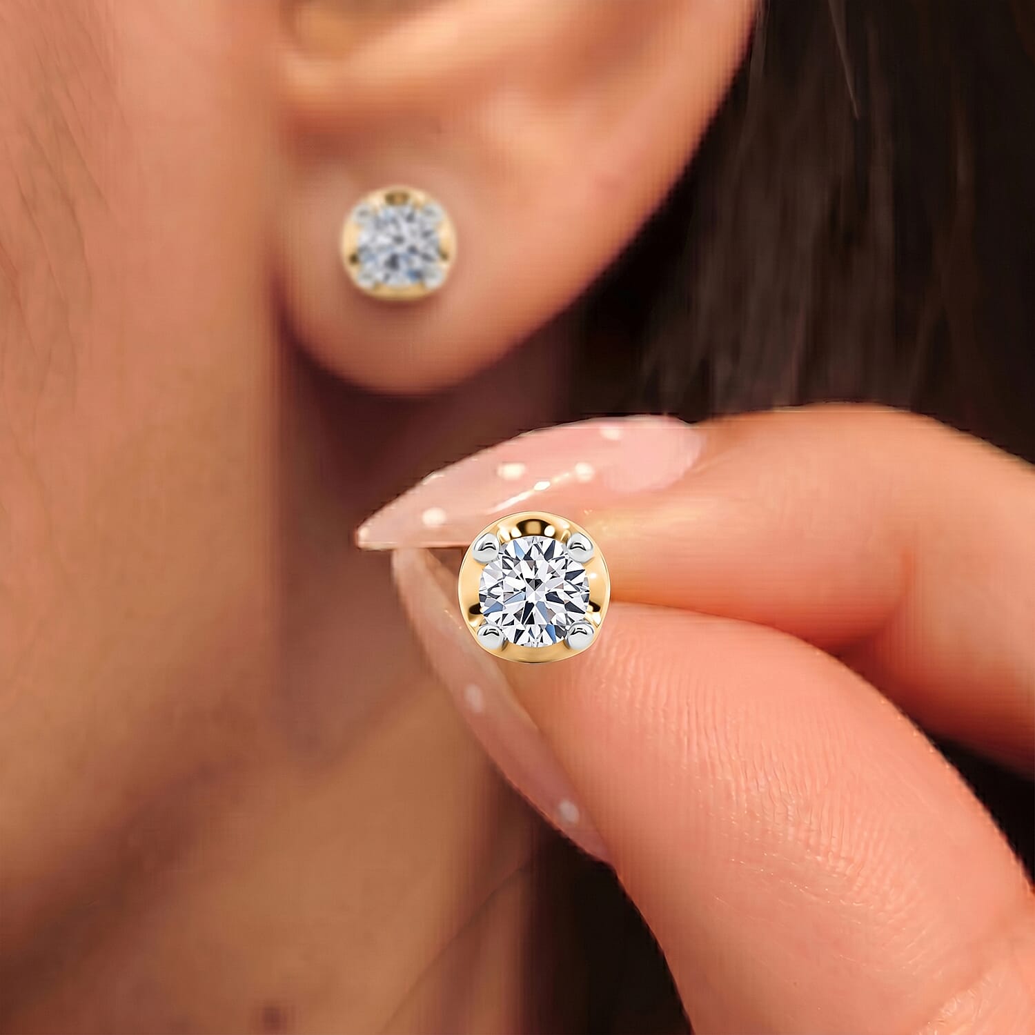 Set of 2 LUXURIANT Lab Grown Diamond Solitaire Stud Earrings &ndash; Rhodium & 18K Yellow Gold Vermeil, 0.21 Ct Each