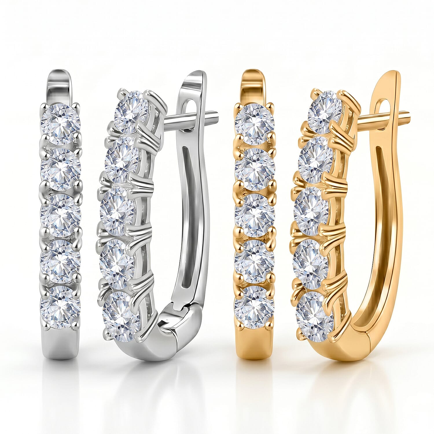 Moissanite April Birthstone Hoop Earrings Bundle in Platinum Plated & 18K Vermeil Yellow Gold Plated Sterling Silver