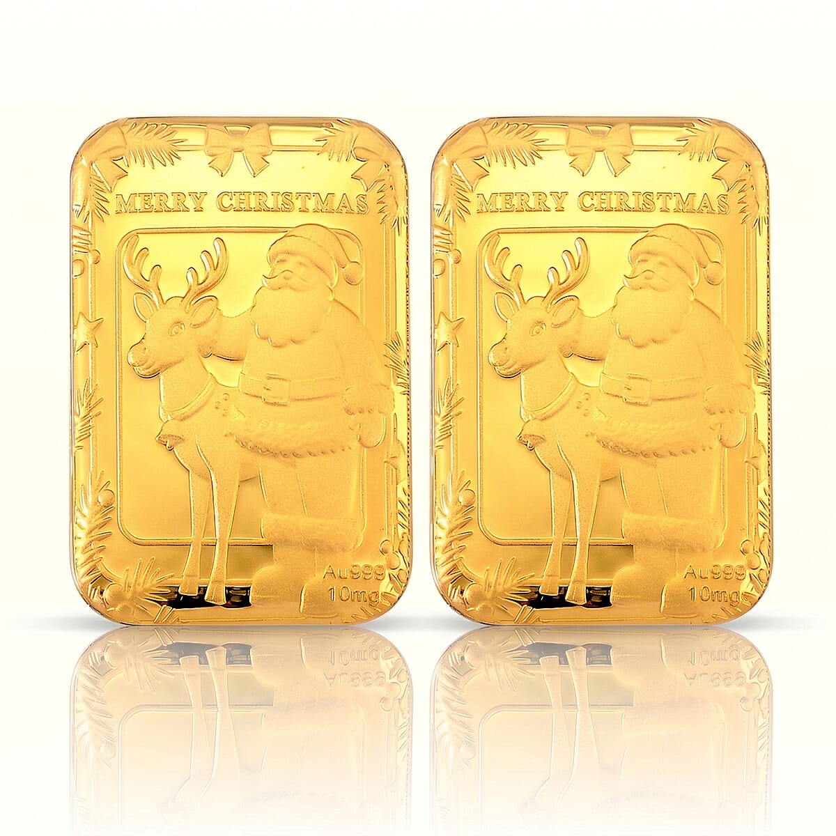 Set of 2 - 24K Yellow Gold (99.9% Purity) Santa & Reindeer Embossed Foil Collectable (Each 10mg)