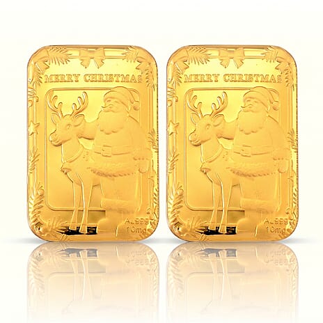 Set of 2 - 24K Yellow Gold (99.9% Purity) Santa & Reindeer Embossed Foil Collectable (Each 10mg)