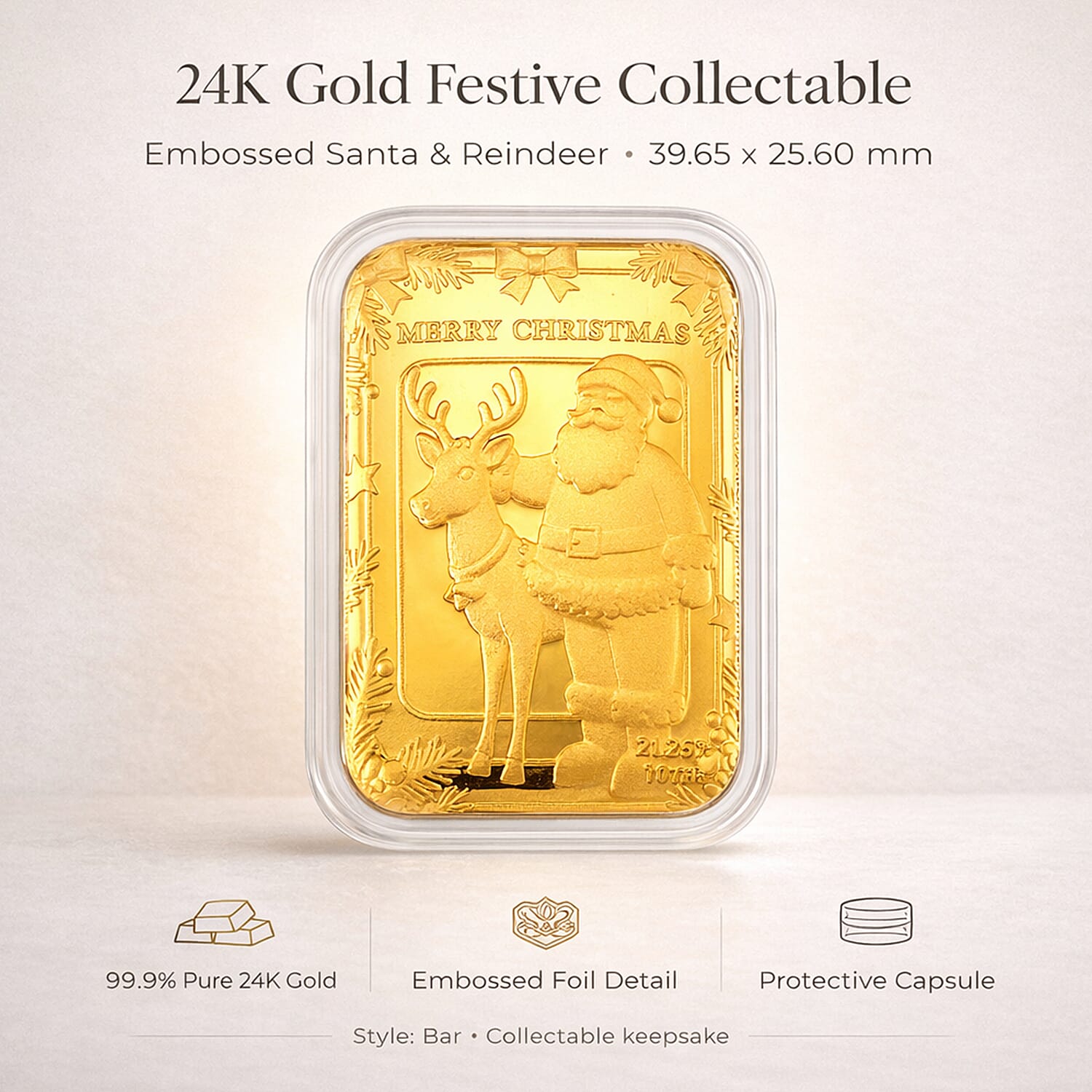 Set of 2 - 24K Yellow Gold (99.9% Purity) Santa & Reindeer Embossed Foil Collectable (Each 10mg)