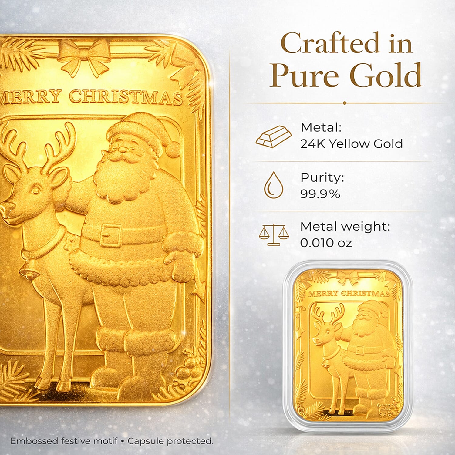 Set of 2 - 24K Yellow Gold (99.9% Purity) Santa & Reindeer Embossed Foil Collectable (Each 10mg)