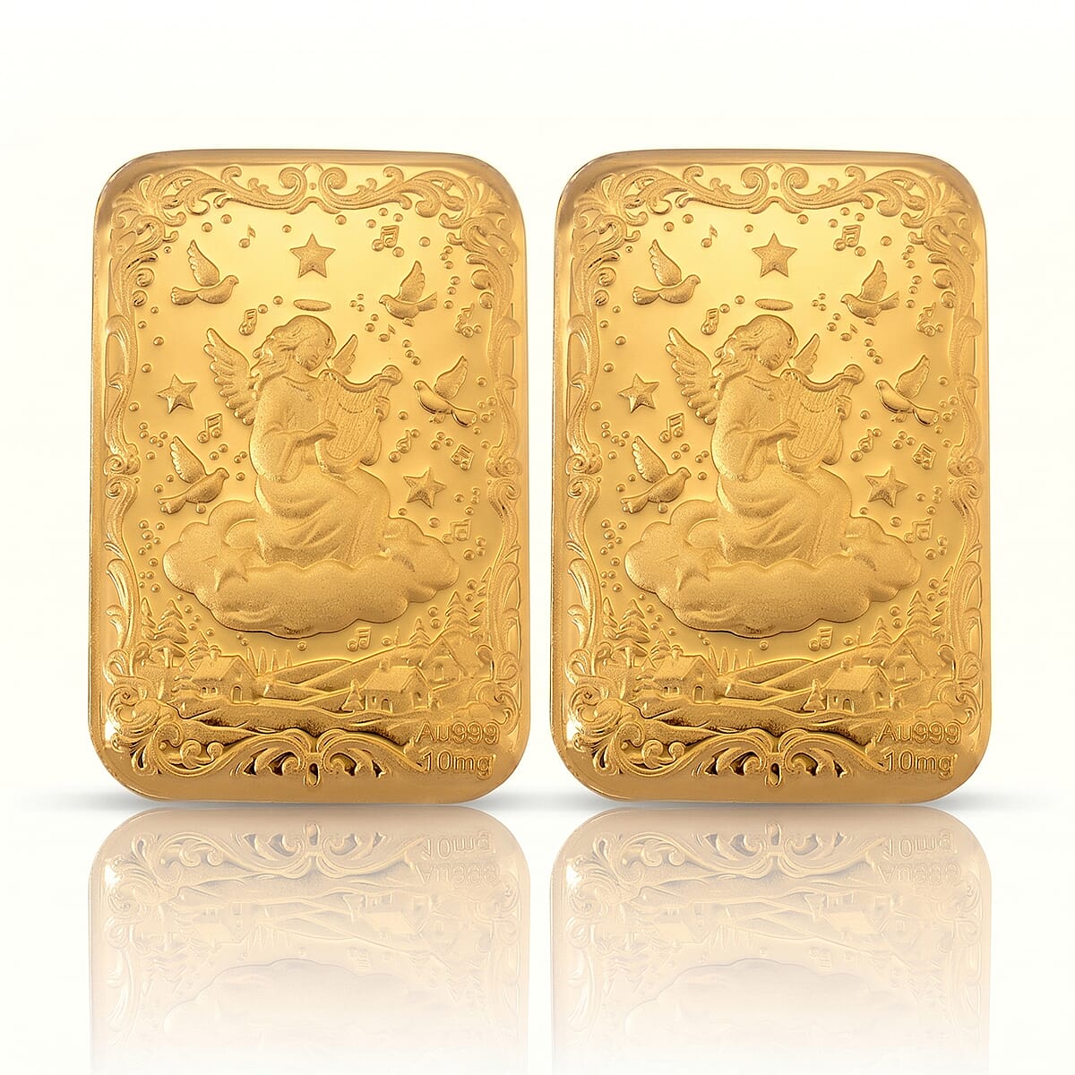 Set of 2 - 24K Yellow Gold (99.9% Purity) Angel Embossed Collectable (39.80 x 25.60 MM) (Each 10mg)