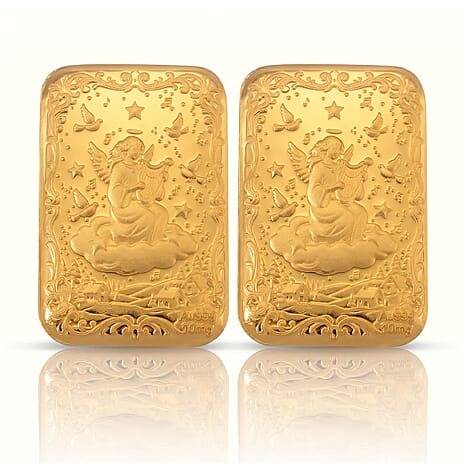 Set of 2 - 24K Yellow Gold (99.9% Purity) Angel Embossed Collectable (39.80 x 25.60 MM) (Each 10mg)