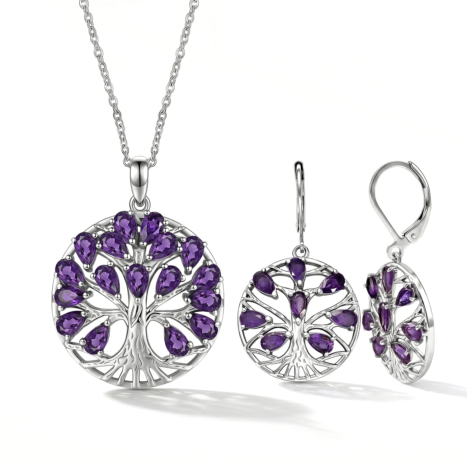 EverTrue Set of African Amethyst Tree Of Life Earrings and Pendant with Chain (Size 20)
