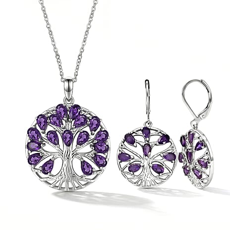 EverTrue Set of African Amethyst Tree Of Life Earrings and Pendant with Chain (Size 20)