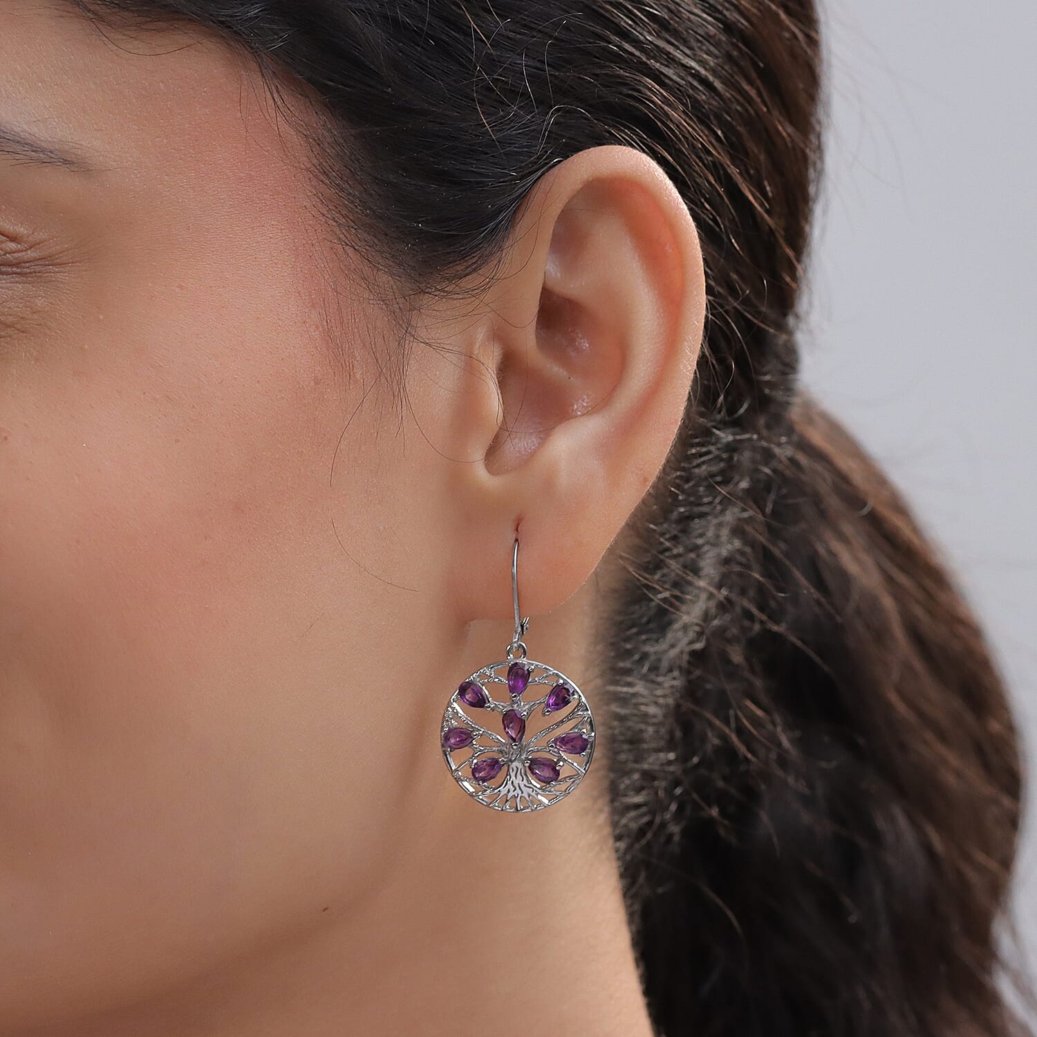 EverTrue Set of African Amethyst Tree Of Life Earrings and Pendant with Chain (Size 20)