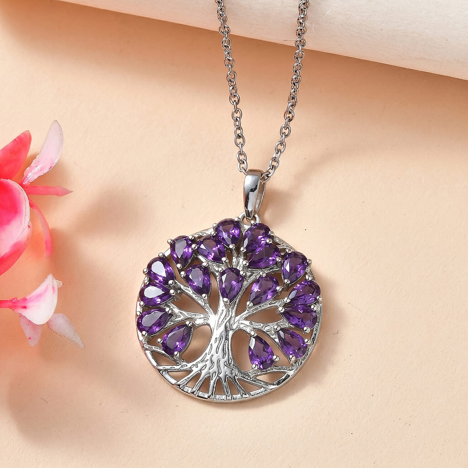 EverTrue Set of African Amethyst Tree Of Life Earrings and Pendant with Chain (Size 20)