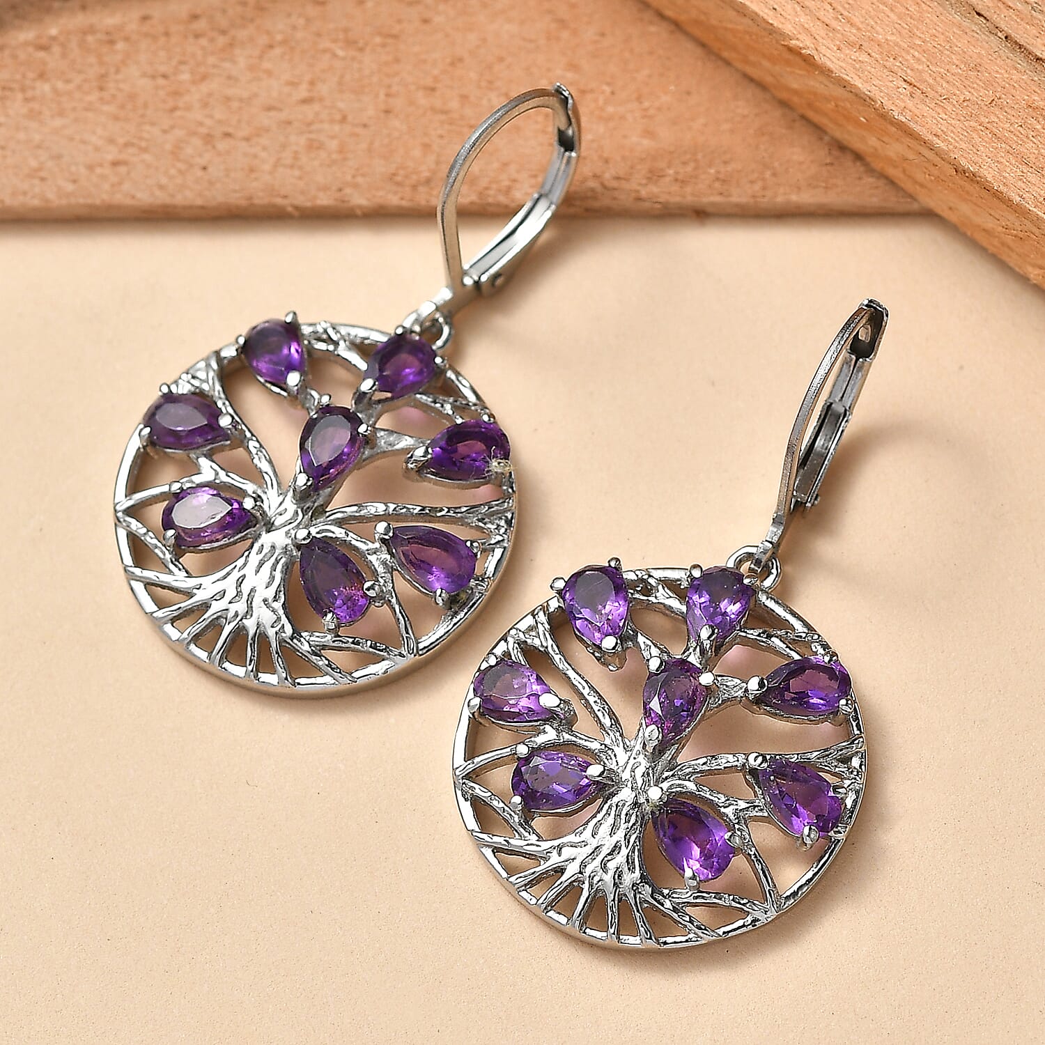 EverTrue Set of African Amethyst Tree Of Life Earrings and Pendant with Chain (Size 20)