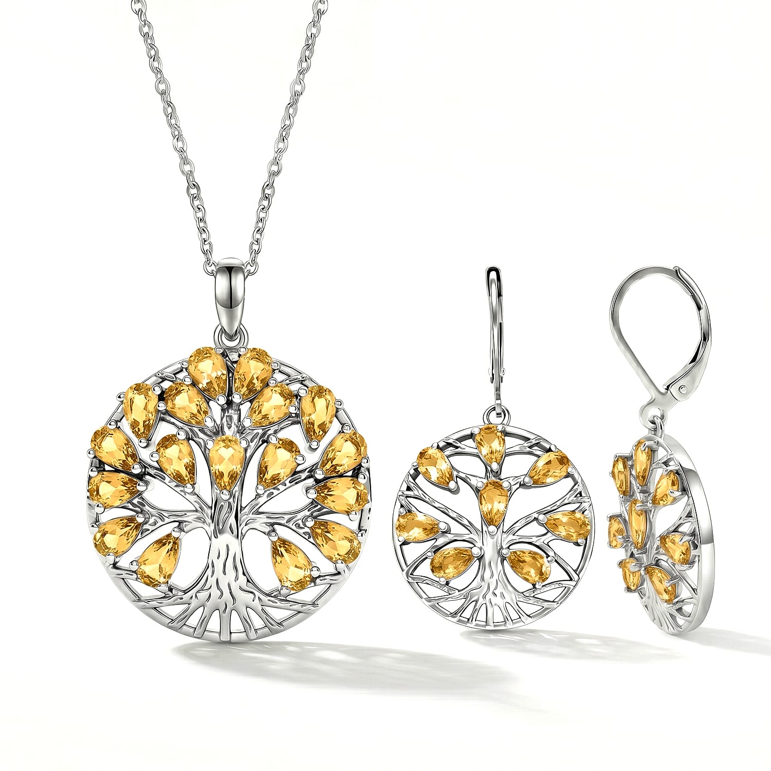 EverTrue Set of Citrine Tree Of Life Earrings and Pendant with Chain (Size 20)