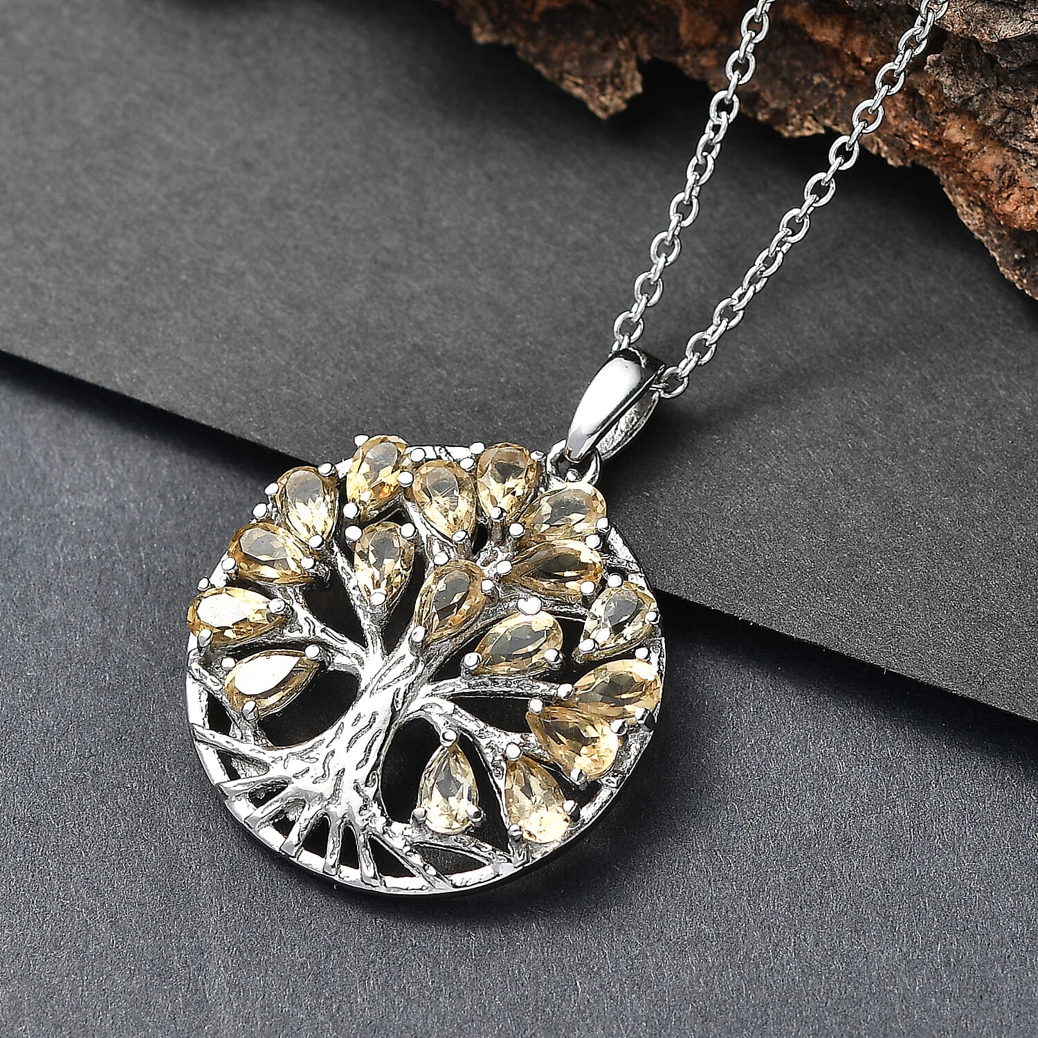 EverTrue Set of Citrine Tree Of Life Earrings and Pendant with Chain (Size 20)