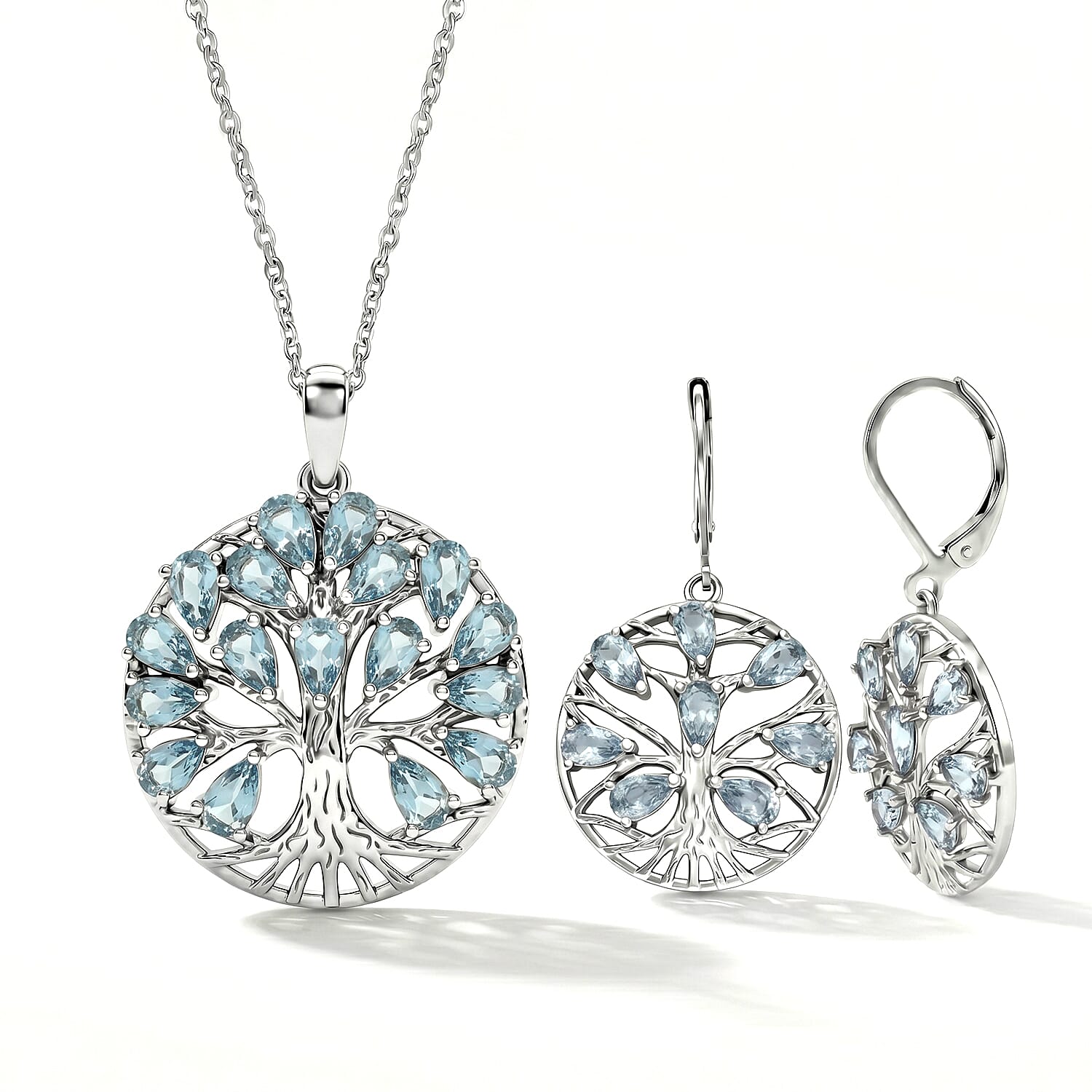 EverTrue Set of Sky Blue Topaz Tree Of Life Earrings and Pendant with Chain (Size 20)