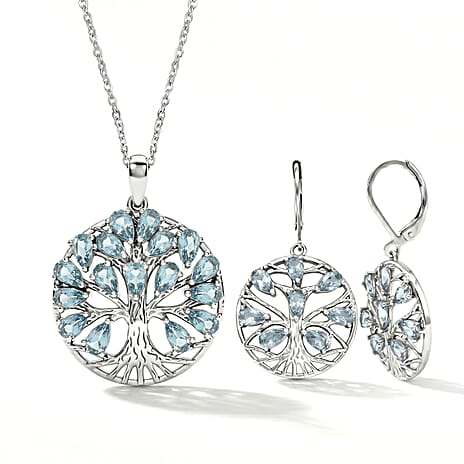 EverTrue Set of Sky Blue Topaz Tree Of Life Earrings and Pendant with Chain (Size 20)